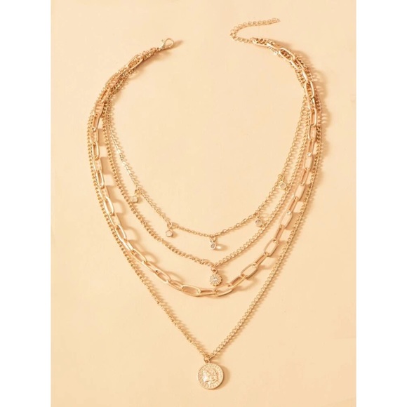 Round Pendant Layered Necklace Gold Toned - Picture 2 of 7